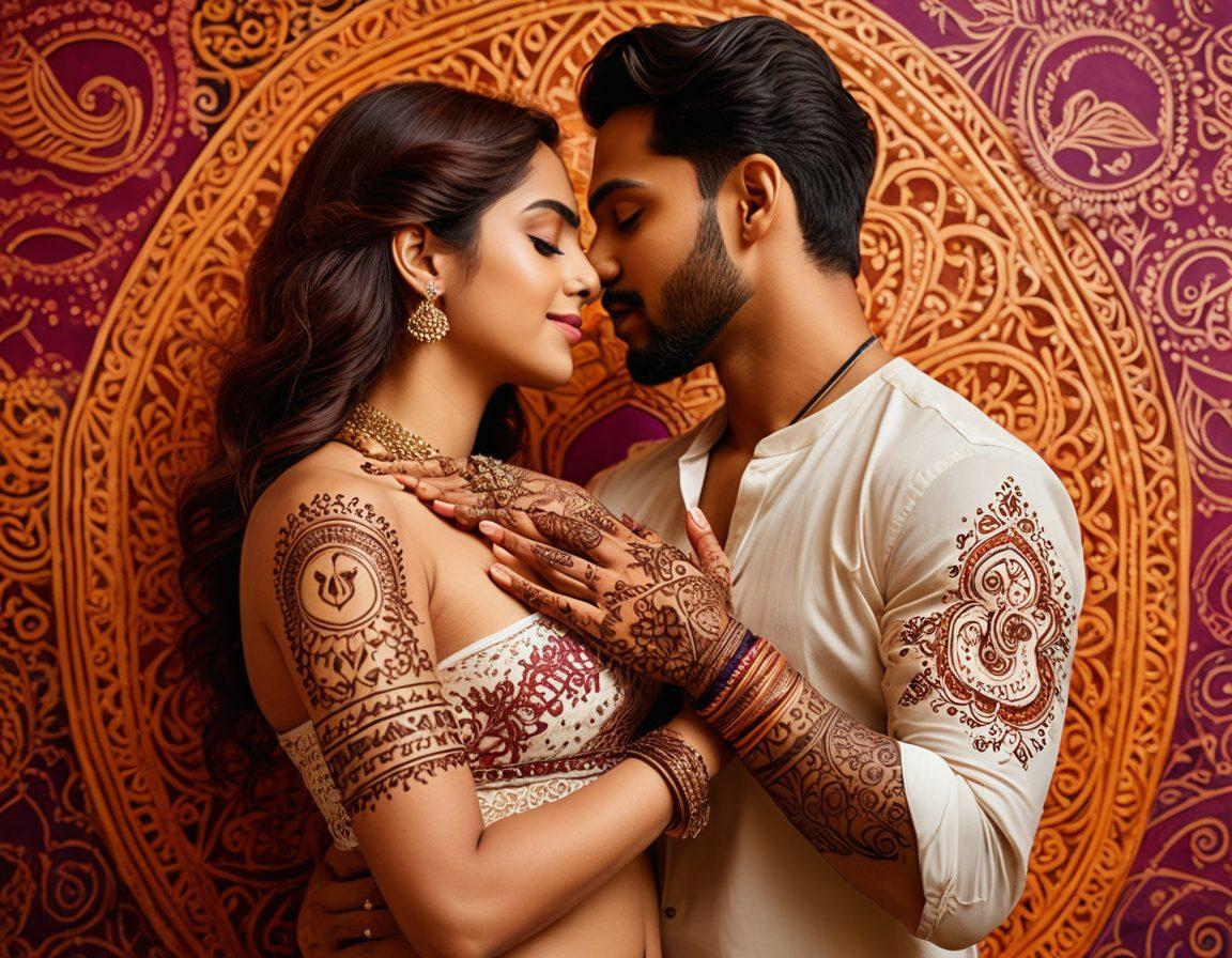 A vibrant fusion of traditional Indian motifs and modern sexual wellness symbols, featuring elements like intricate henna patterns interwoven with abstract representations of intimacy. Include traditional Indian architecture in the background transitioning into contemporary adult entertainment themes. The atmosphere should evoke a sense of celebration and acceptance, highlighting the positivity in embracing sexuality. Bold colors and ornate details should dominate the composition, creating a harmonious blend. vibrant colors. super-realistic.