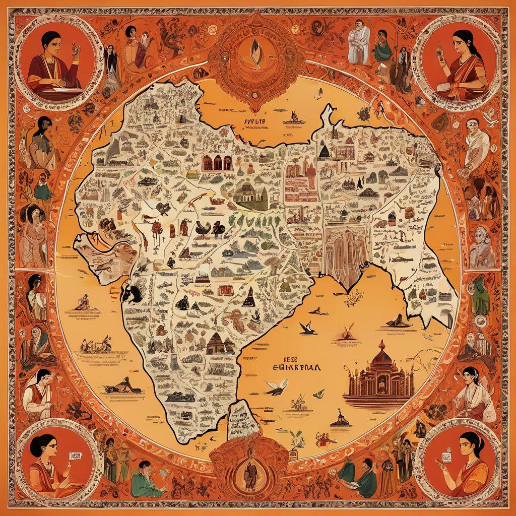A thoughtful journey through a detailed map that intertwines sexual education symbols with elements representing Indian adult films, like traditional motifs and modern cinema visuals. In the background, feature diverse individuals happily discussing and sharing knowledge, symbolizing open dialogue about sexuality. Use a warm color palette to evoke a sense of inclusivity and understanding. super-realistic. vibrant colors.